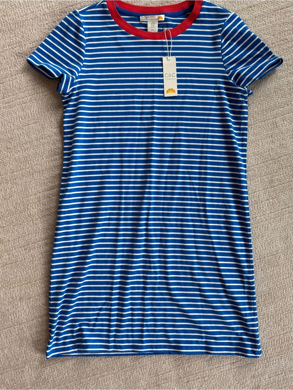 C&C California Blue & White Striped Tee Dress with Red Neckline
